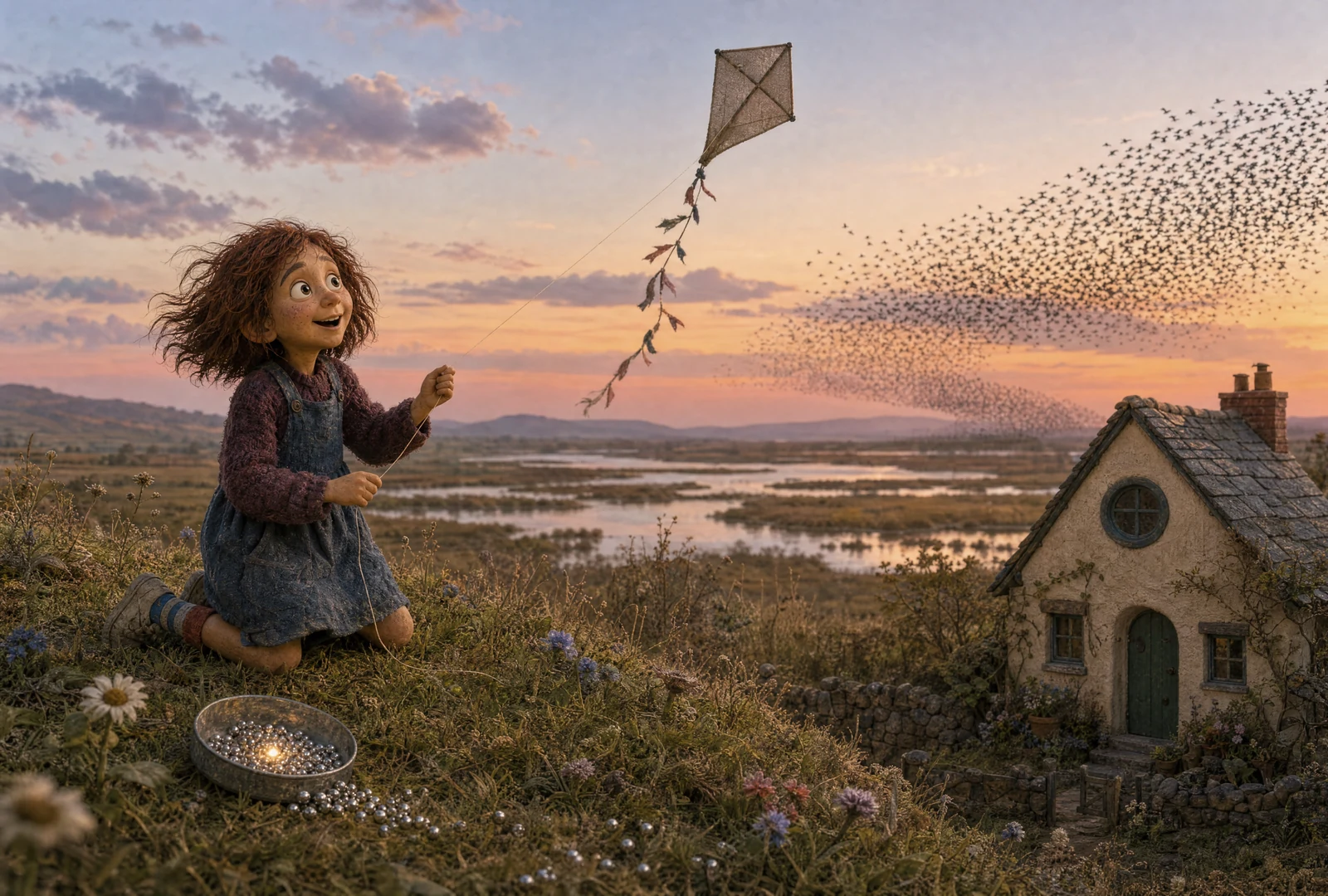 Tamsin laughs on a grassy hill beside a shallow tin shell of bright beads. Her kite flies over the marsh beneath a flock of starlings; below stands a slate-roofed cottage with a round blue window and green door.