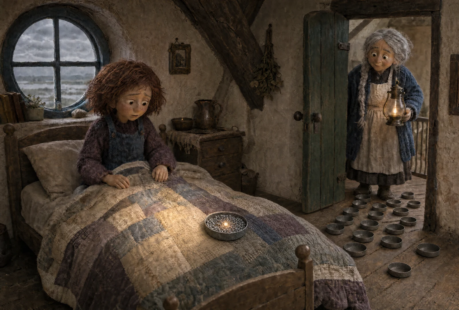 Tamsin sits in bed while bright beads gather into one tin shell on her patchwork quilt. Her grandmother holds an oil lamp in the open green doorway. Nineteen empty shells lie outside it, beneath the same round blue window.