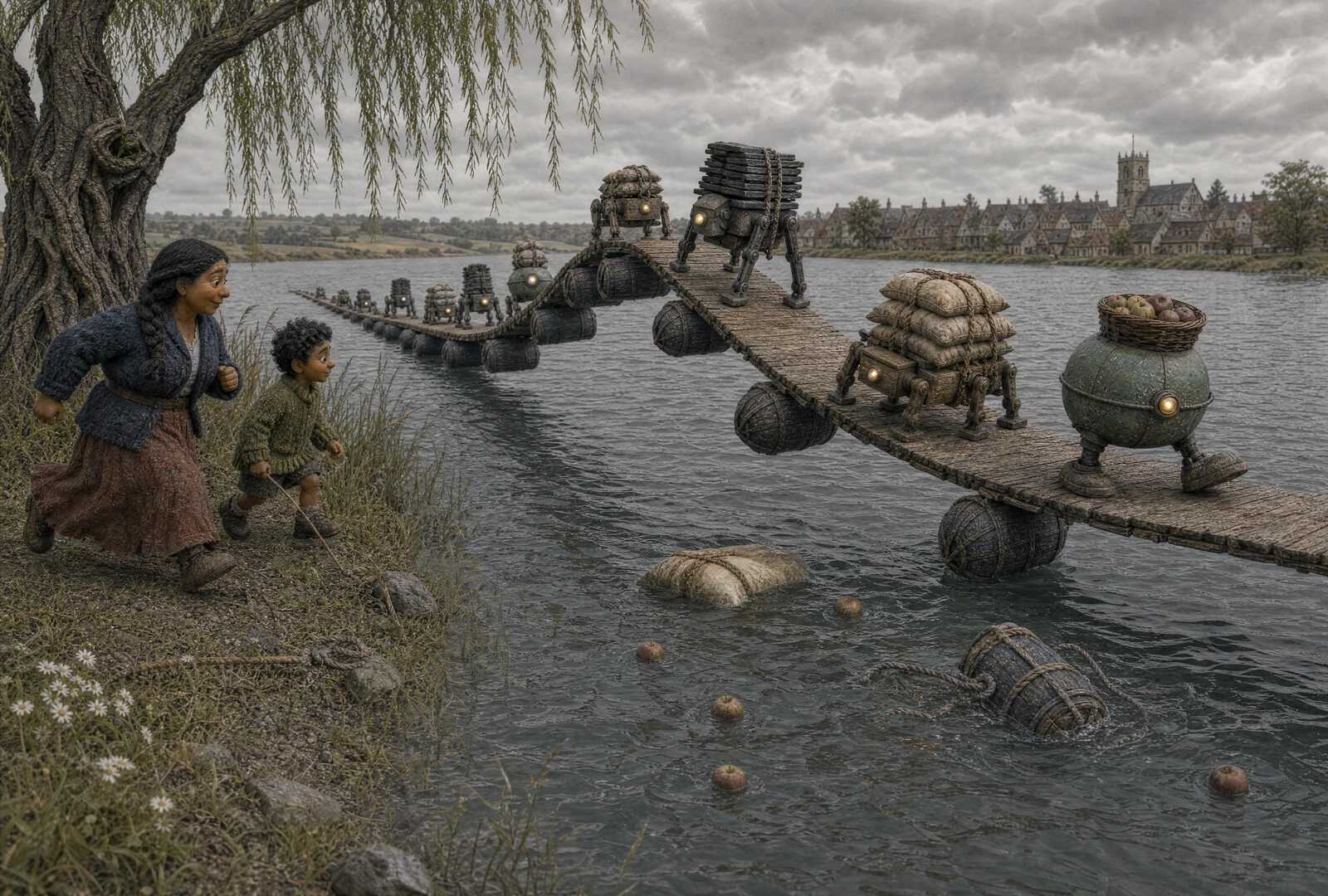 Tall iron, low wooden and round green porters march together on a floating plank path that rises in a long swell. Apples and a flour sack float beside a loose barrel. Orla and Kit watch from the bank below a forked willow, with the market town across the mere.