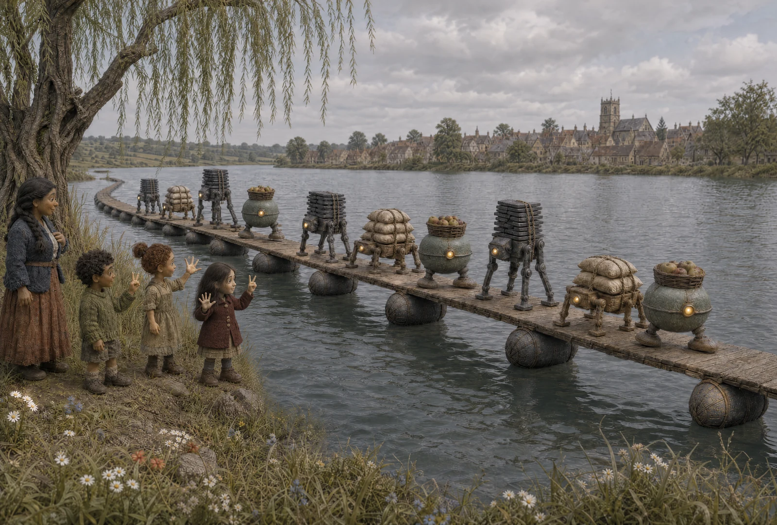 Ten porters, four tall iron, three low wooden and three round green, cross the level floating path in different strides. Orla watches from the bank while children count on their fingers. The willow and market roofs stand beside calm water.
