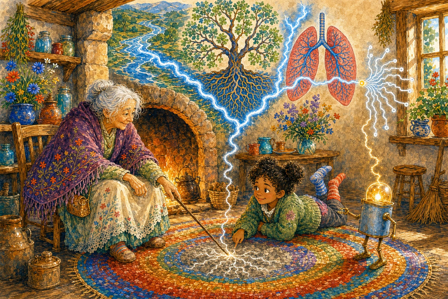 The storyteller draws in the hearth ash. Her line becomes a river delta, a tree, lightning, lungs, and circuit traces while Wren and Cricket follow it together.