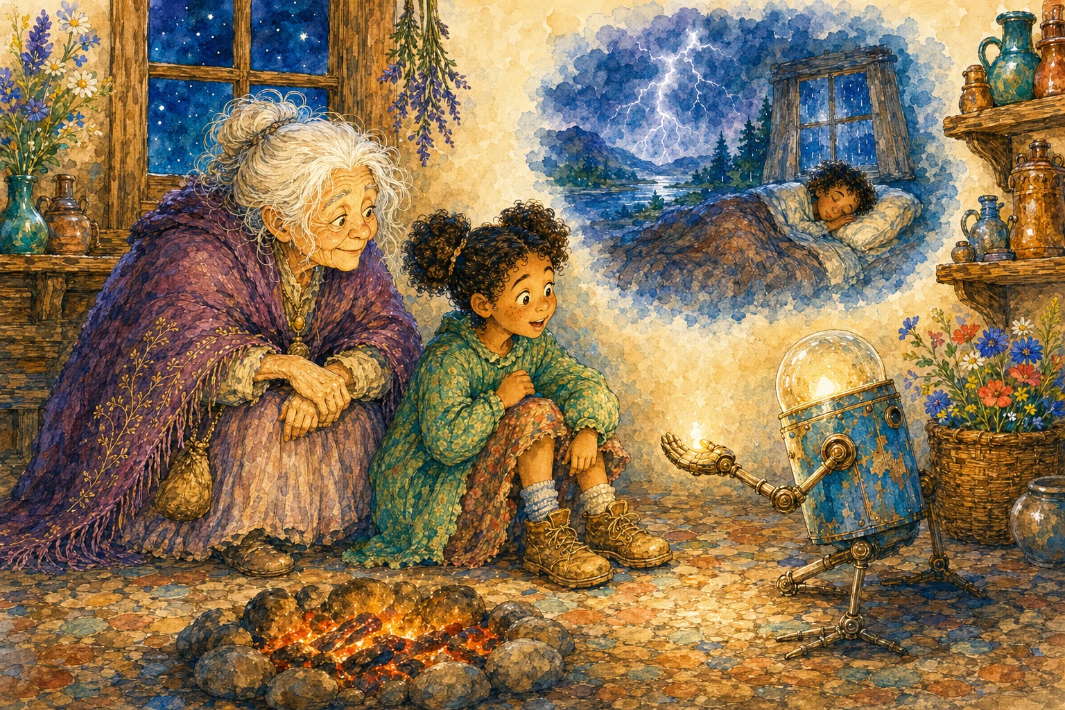 Beside the last embers, Cricket opens a brass hand toward Wren while a cool watercolour memory of Wren sleeping safely through a thunderstorm rests on the wall above them. The storyteller smiles nearby.