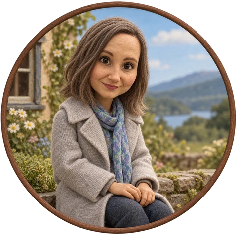 A handcrafted miniature of Nell Watson, seated in a garden, with ash-brown hair, a grey wool coat and a blue-green scarf.