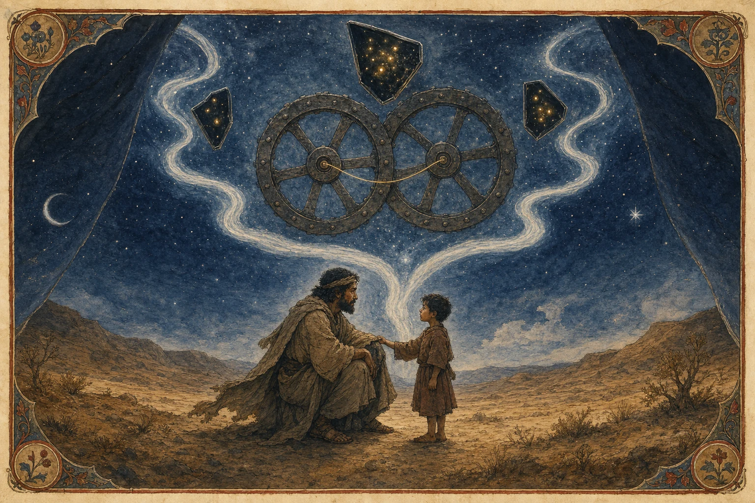 In an ancient dry wilderness, a wise traveler kneels to speak with a young boy beneath a sky opened like curtains, where interlocking wheels, pale rivers, and black glass full of small lights appear.