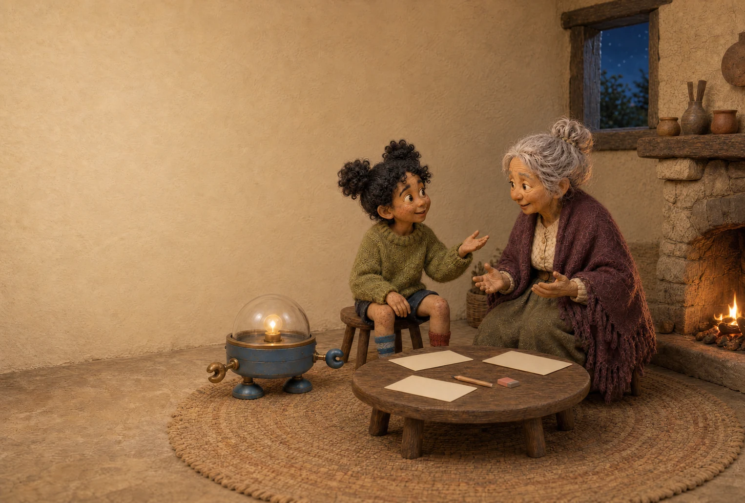 Wren and the storyteller gesture towards one another beside Cricket. Three blank cards and a pencil lie on a low table.
