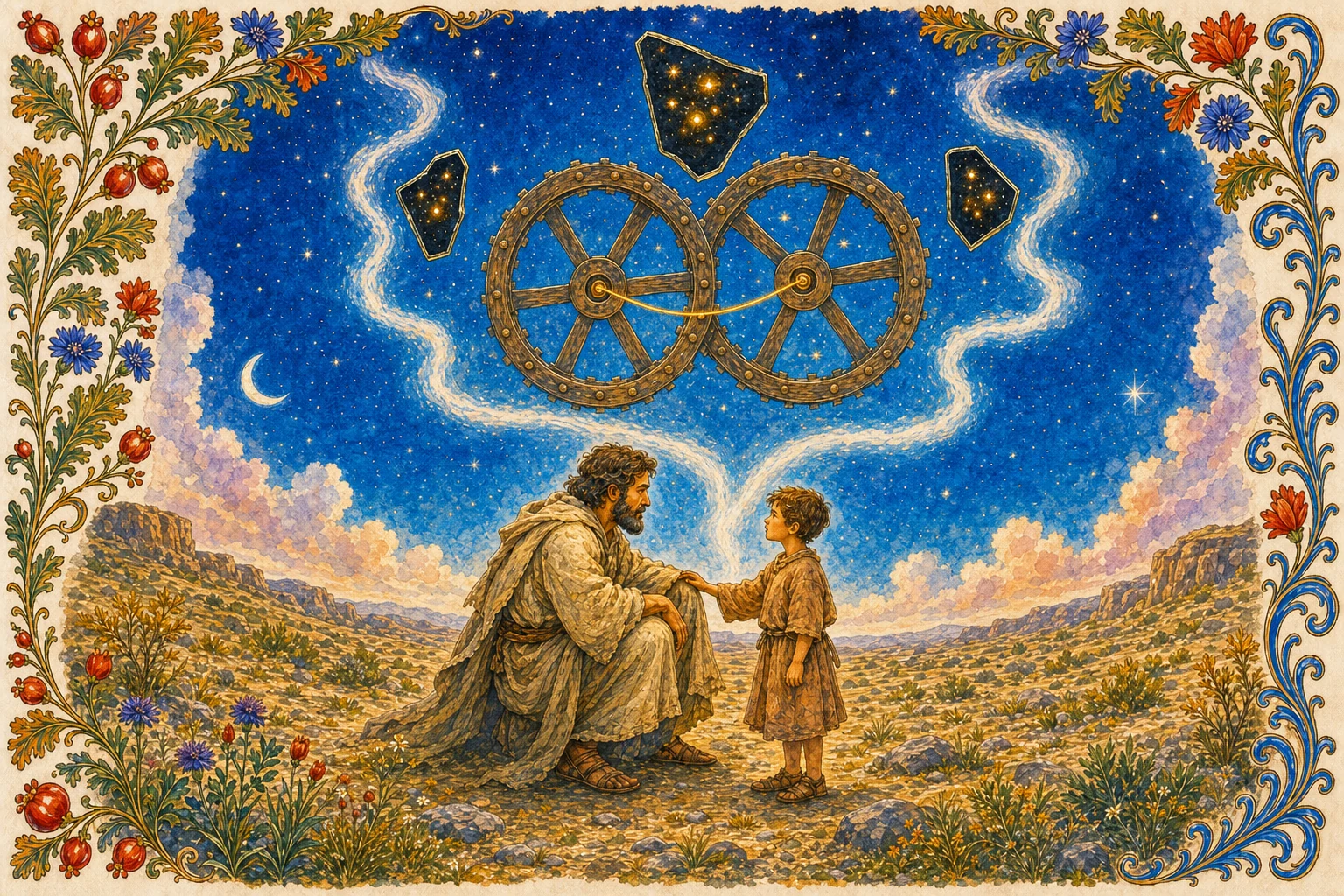 In a dry wilderness under a starry night sky, a bearded man in a robe kneels on stony ground and reaches out to a young child standing before him. Above them two great wooden gear wheels turn, joined by one gold thread, and pale ribbons of light rise between the two figures past three panes of dark glass full of small gold stars.