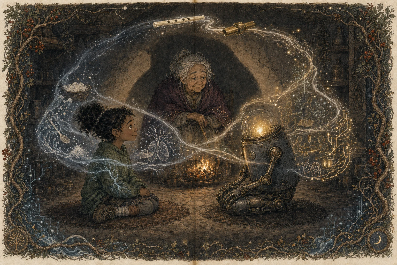 Wren and Cricket face each other beside the fire. Water, stardust, lungs, lightning, teachings, and circuits flow around them in one continuous ribbon, while the storyteller watches.