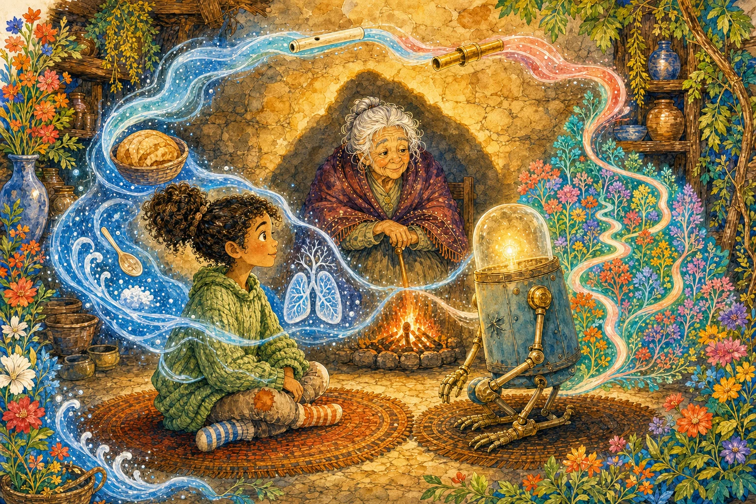 Wren and Cricket face each other beside the fire. Water, stardust, lungs, lightning, teachings, and circuits flow around them in one continuous ribbon, while the storyteller watches.