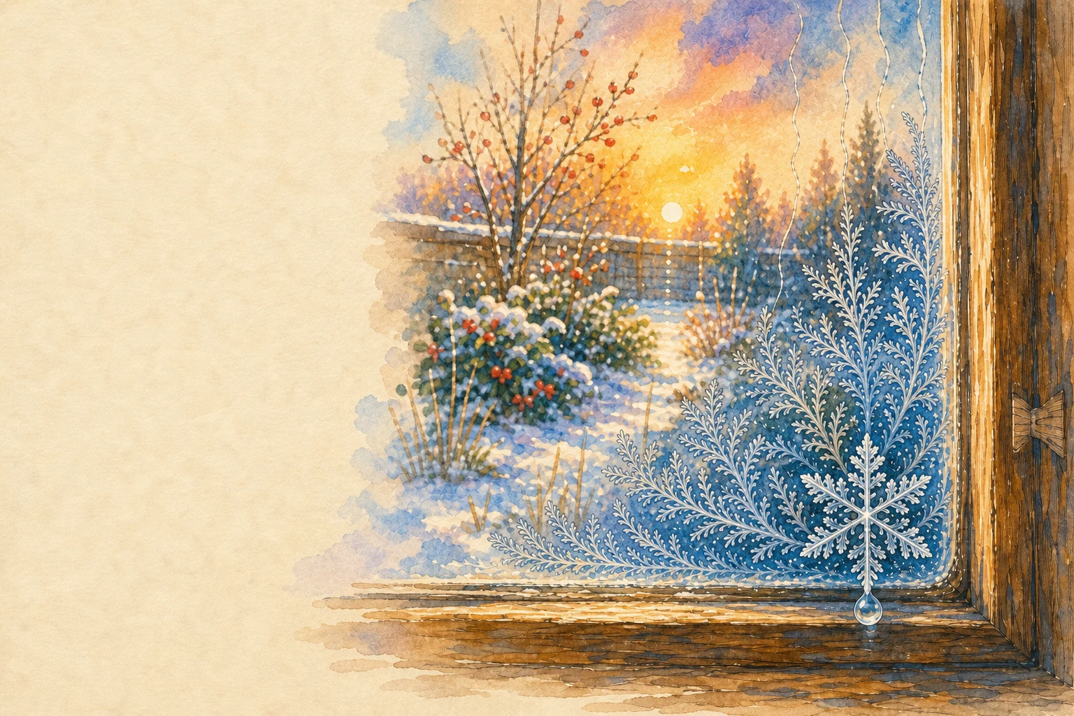 At dawn, one snowflake rests in the corner of an old window and spreads delicate frost flowers across the glass. A single bead of meltwater gathers below it.